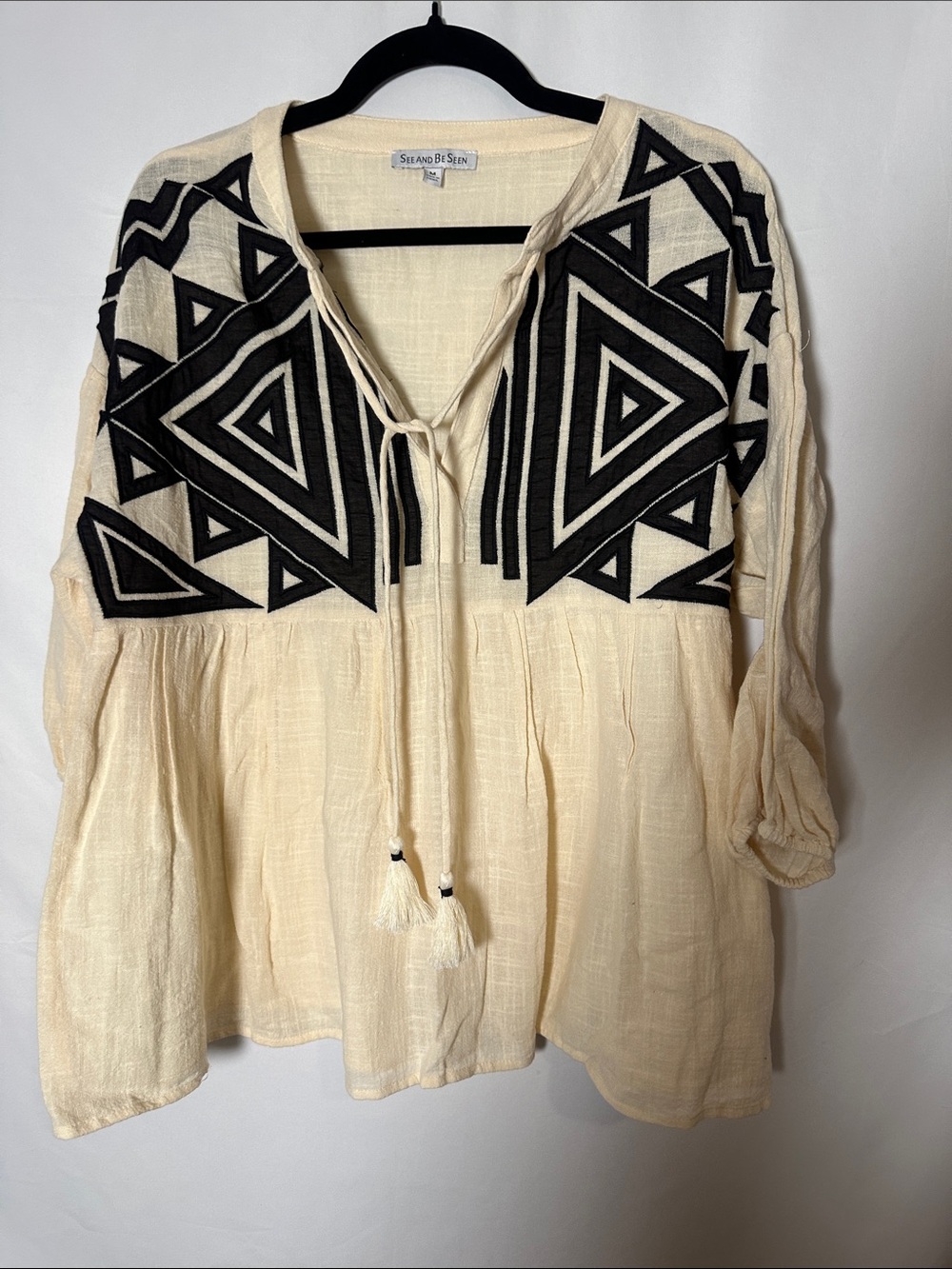 See and be seen Cream Tunic with Black Geometric Embroidery